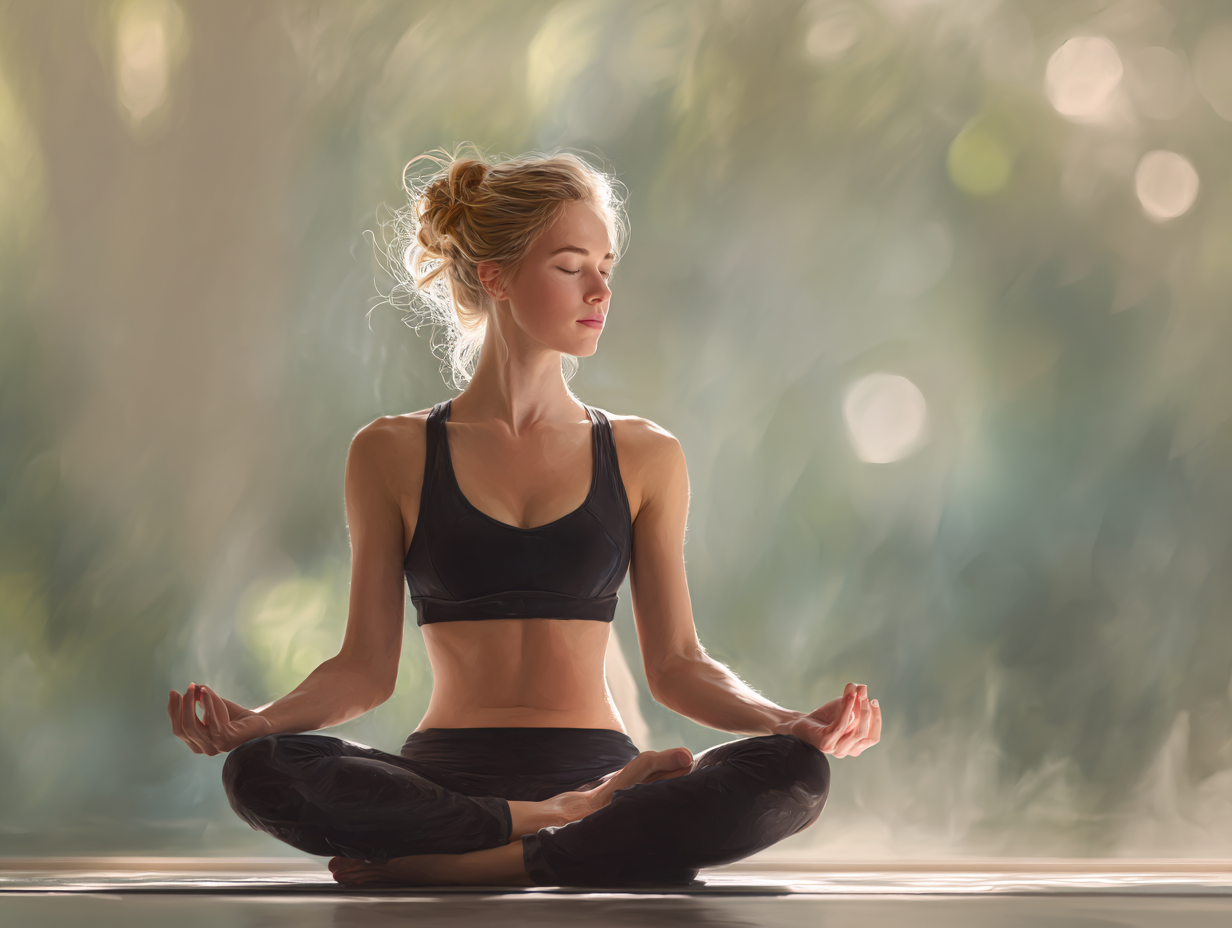 Mujer practicando yoga en posición de loto en un ambiente sereno