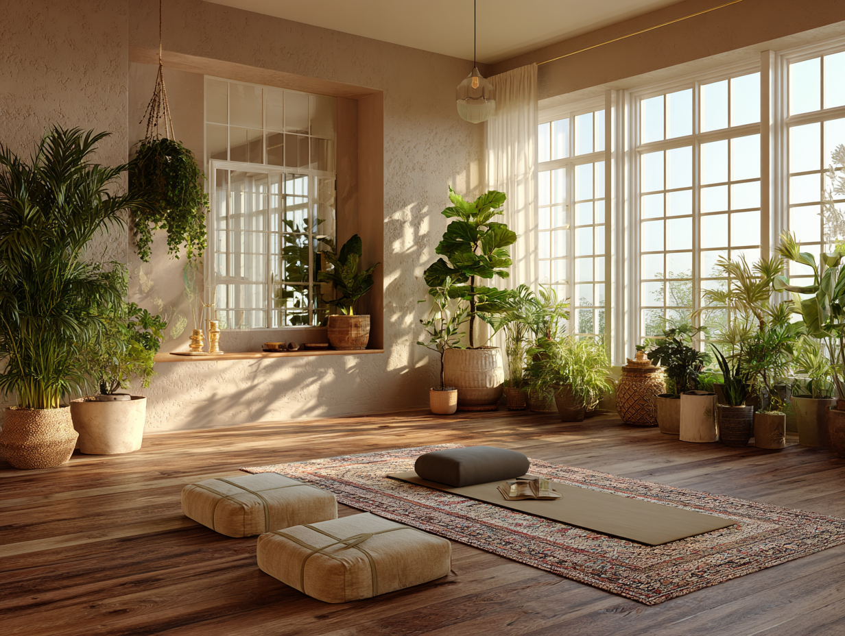 Grupo de personas de diferentes edades practicando yoga en un estudio luminoso